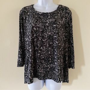 Chico’s Sze 3 Black White Gray Silver Blouse Polyester Spandex Blend 3/4 Sleeve